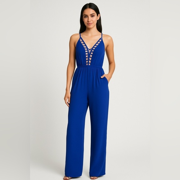 Tobi Women’s S Royal Blue Strappy Wide Leg Jumpsuit NWT Party Outfit - Picture 1 of 15